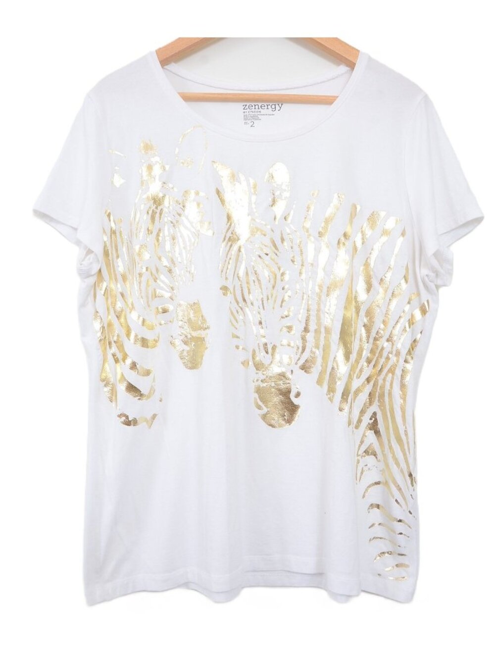 Chico's Zenergy Women's L (12, 2) Gold Metallic Zebra White Short Sleeve T-Shirt